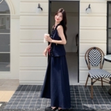 夏季新款时尚独特绝美套装裙女2025年深蓝色V领背心半身裙两件套，女装套装/套裙，2C170