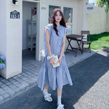 蓝色韩系休闲松弛感减龄连衣裙女2025夏季新款法式木耳边休闲长裙，女装连衣裙，2C170