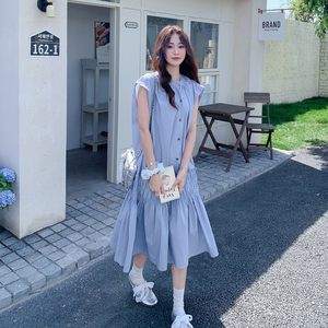 蓝色韩系休闲松弛感减龄连衣裙女2025夏季新款法式木耳边休闲长裙图片