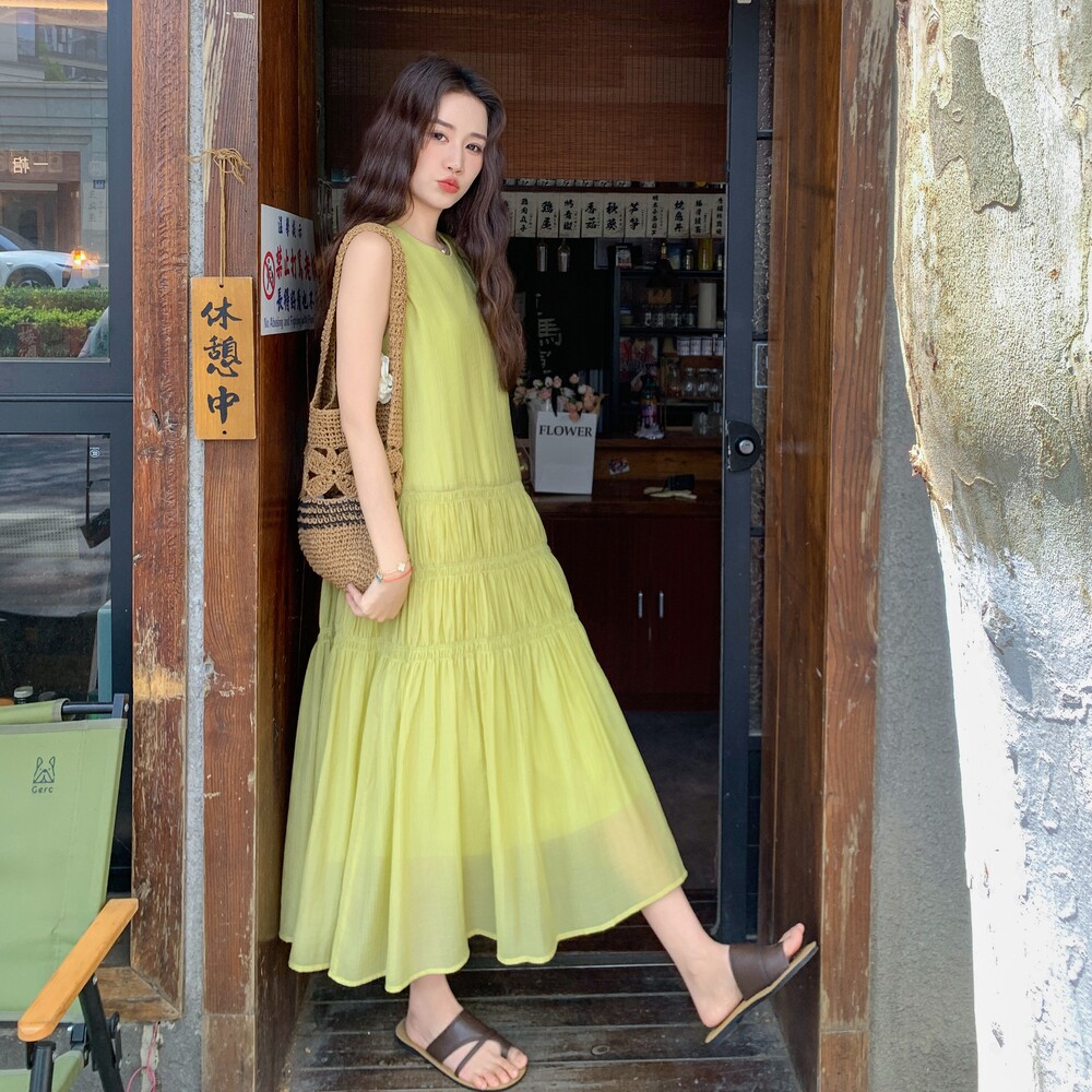小清新绿色无袖连衣裙女2025夏季新款法式慵懒风宽松显瘦背心长裙,女装连衣裙,2C170
