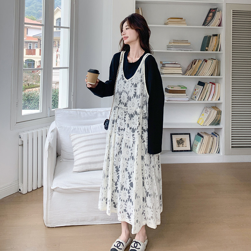 韩系黑色上衣蕾丝连衣裙两件套女2025年春秋季新款高级感长裙套装,女装套装/套裙,2C170