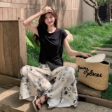 今年流行漂亮套装女夏季新款黑色不规则短袖T恤高腰阔腿裤两件套，女装套装/套裙，2C170