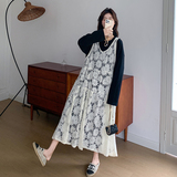 韩系黑色上衣蕾丝连衣裙两件套女2025年春秋季新款高级感长裙套装，女装套装/套裙，2C170