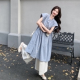 蓝色格子衬衫裙套装女2025夏季新款气质休闲蕾丝拼接休闲裤两件套，女装连衣裙，2C170