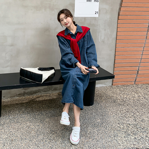 复古港风休闲牛仔连衣裙女2025春秋季新款宽松显瘦复古披肩衬衫裙图片