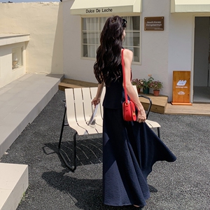 夏季新款时尚独特绝美套装裙女2025年深蓝色V领背心半身裙两件套图片