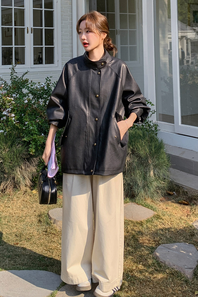 chic韩系春夏过渡穿搭风宽松插肩袖皮衣2025春秋简约高级感外套女,女装短外套,2C170