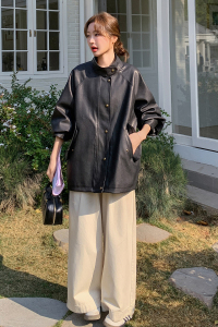 chic韩系春夏过渡穿搭风宽松插肩袖皮衣2025春秋简约高级感外套女图片