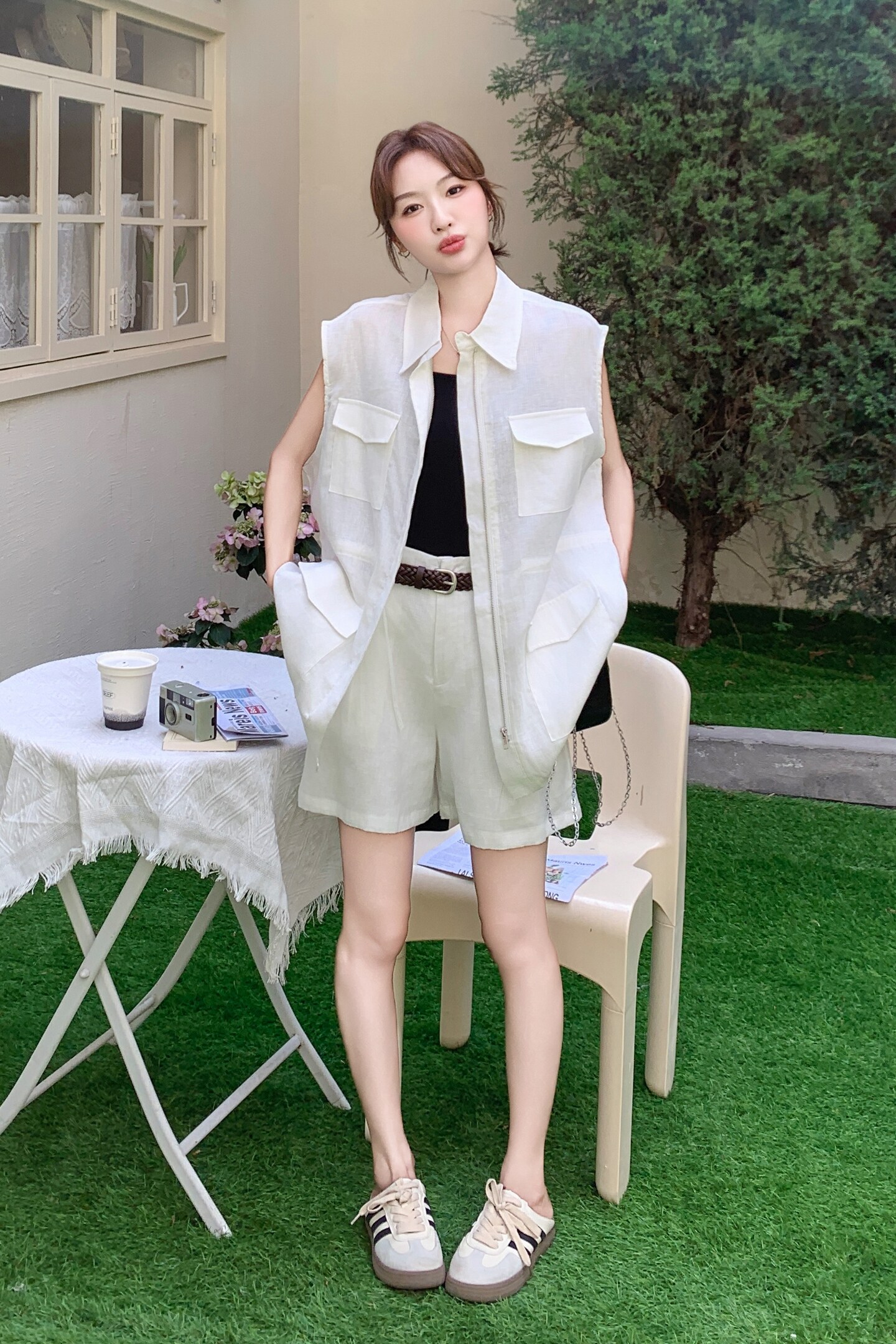 又a又飒设计感马甲开衫高腰短裤套装女2025夏季新款小个子两件套,女装套装/套裙,2C170