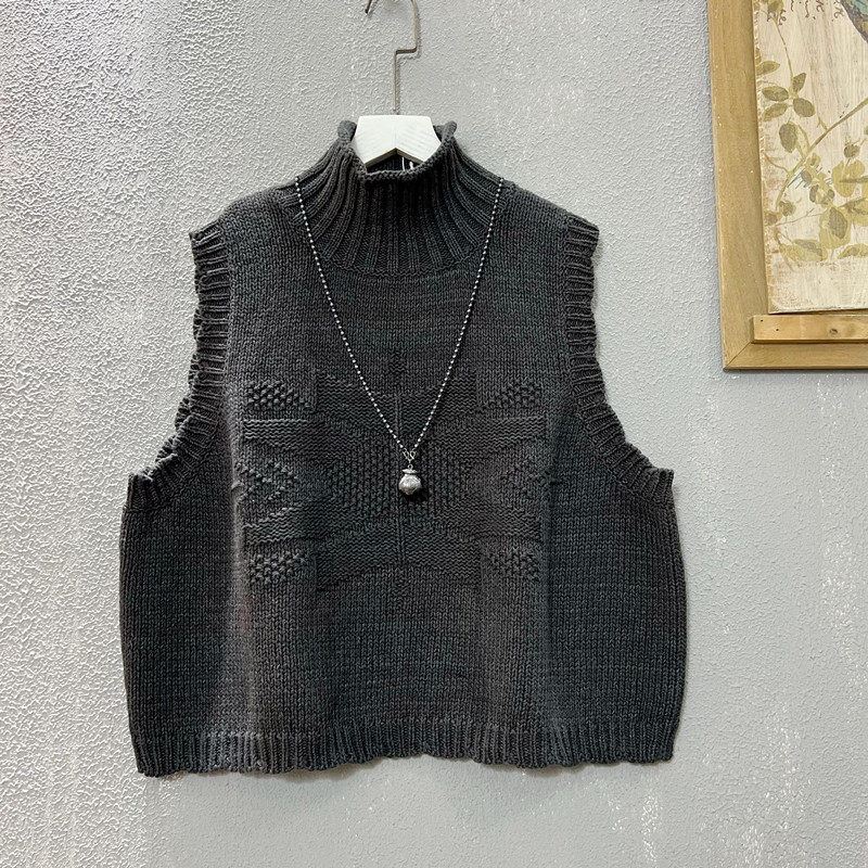 高领棉线马夹女2025秋季新款宽松大码韩版减龄显瘦立领外穿毛背心