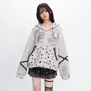 猫愿 涂鸦做旧扎染连帽外套亚文化y2k酷卫衣街头上衣女宽松2026春