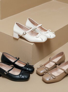 法式方头玛丽珍鞋女工作鞋中跟粗跟蝴蝶结一字扣优雅淑女浅口单鞋