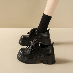 高跟7cm增高单鞋 2026春季 女真皮松糕厚底乐福鞋 英伦风小皮鞋 新款