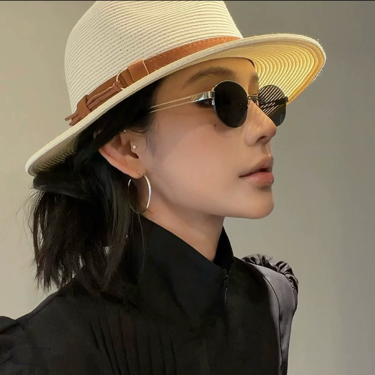 老钱风复古金属半框椭圆墨镜女韩版开车防紫外线旅游拍照太阳镜潮