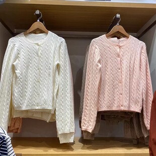 日单女装纽花圆领针织休闲百搭长袖开衫毛衣毛衫外套26新款481477