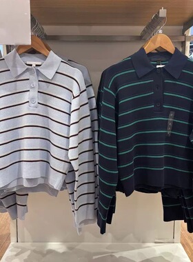 女装柔滑棉质休闲风POLO领条纹针织衫长袖毛衣毛衫484503/482971