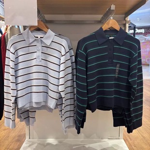 女装柔滑棉质休闲风POLO领条纹针织衫长袖毛衣毛衫484503/482971
