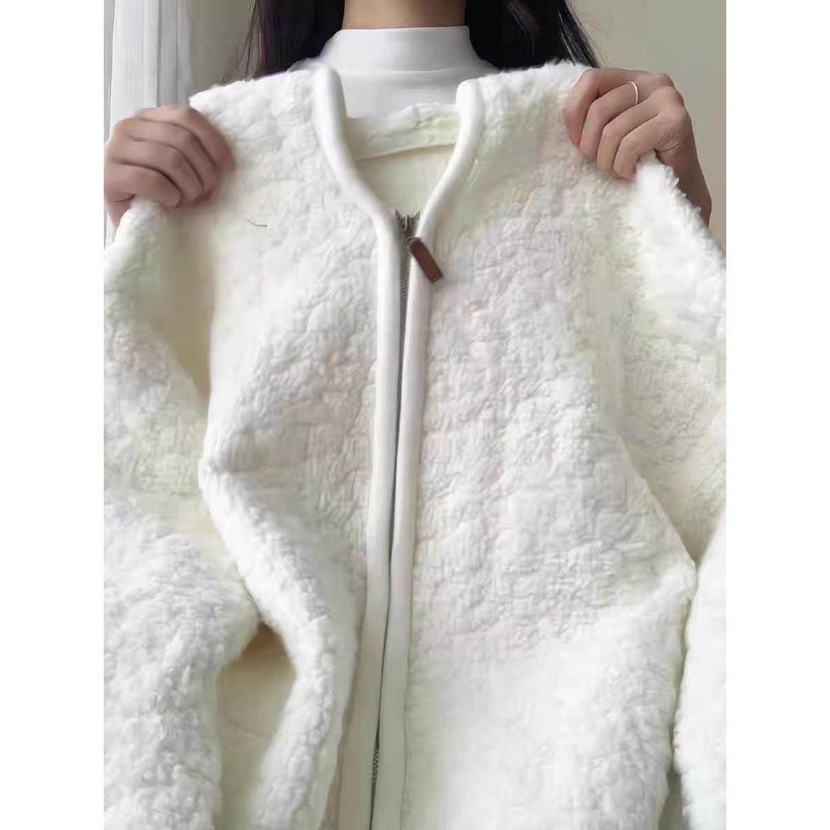 实价绵羊绒高级感米白色摇粒绒毛衣外套女秋冬慵懒风针织开衫