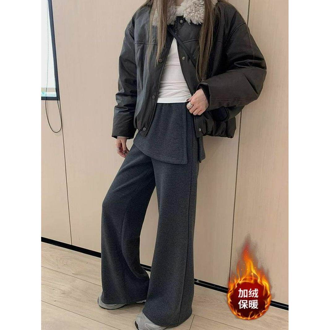 薄款加绒韩系小众设计感微喇屁帘喇叭裤女冬季加绒高腰显瘦长裤