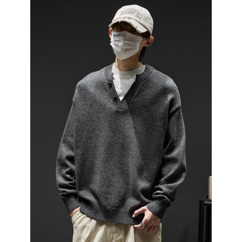 美式假两件亨利领老钱风毛衣男秋冬季新款休闲宽松撞色v领针织衫