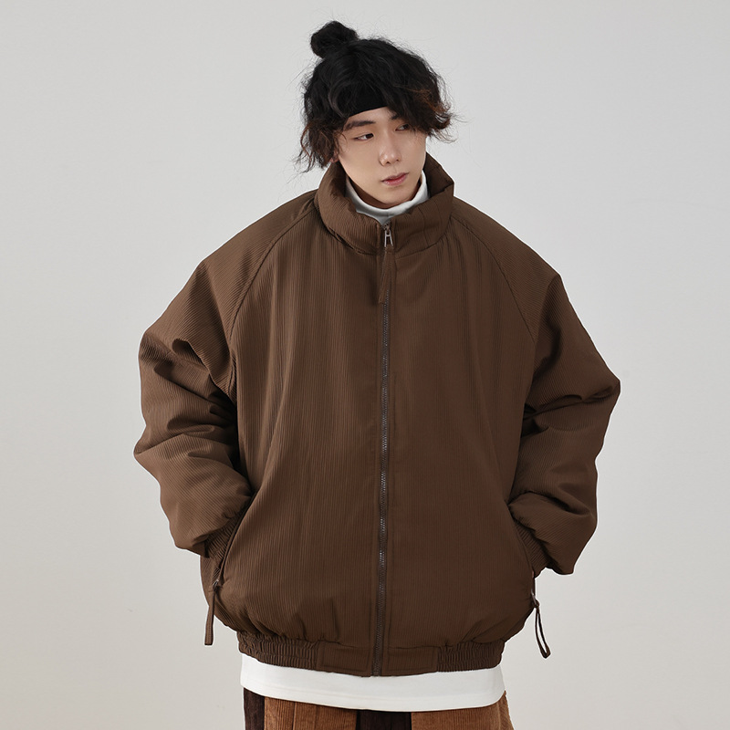 日系复古美拉德咖啡色竖条纹棉衣男女立领百搭加厚中性棉服外套潮