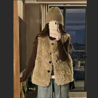 秋冬季新款仿羊羔毛慵懒风马甲皮草外套托斯卡纳坎肩毛毛保暖背心