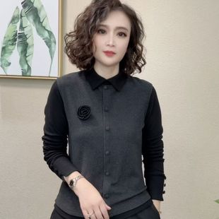 2228L5XL3色新款 气质秋冬上衣女拼接百搭德绒保暖翻领假两