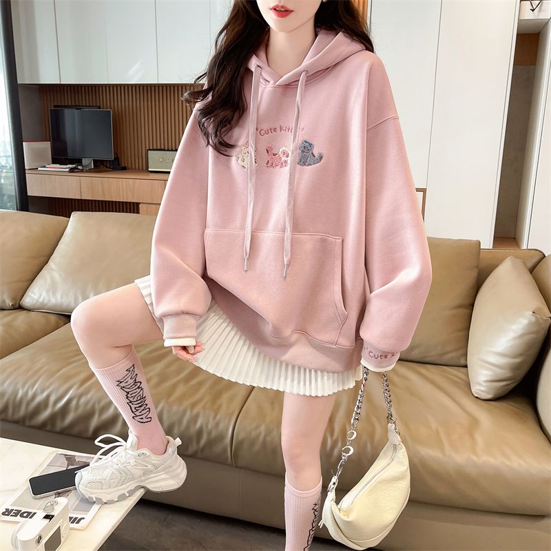 实拍6565连帽卫衣女学院风甜通刺绣2025秋冬新款减龄外套女