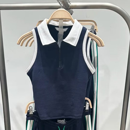 2025新夏季polo领学院女撞色马球衫弹力短款T恤背心女450074