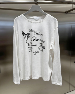 女薄款 女装 罩衫 新款 休闲日常复古蝴蝶结字母印花T恤 2026春季 长袖