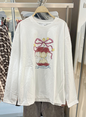 大版韩版2026春季新款女装都市苹果木马印花棉质长袖T恤460002