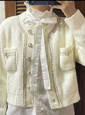 针织开衫2025冬季新款女装法式气质优雅小香风珍珠纽扣针织开衫
