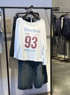 大领口长袖T2025秋季新款女装美式复古风字母印花休闲圆领T恤罩衫