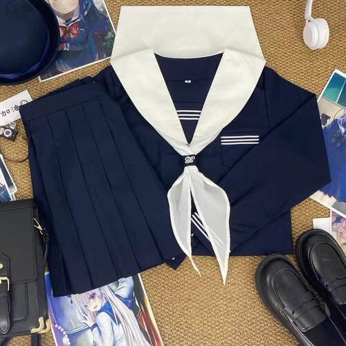 青月社改良白领绀三本水手服