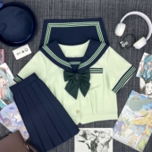 青月社小松夏浅绿三本水手服日系学院风JK制服短裙套装 原创学生装
