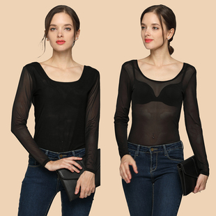 秋冬沙t 内搭上衣网纱加绒打底衫 女士沙衣服女打底蕾丝打底衫 薄款