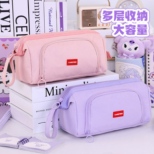 简约船型开窗笔袋大容量双层手提帆布文具盒简约中高小学生铅笔盒