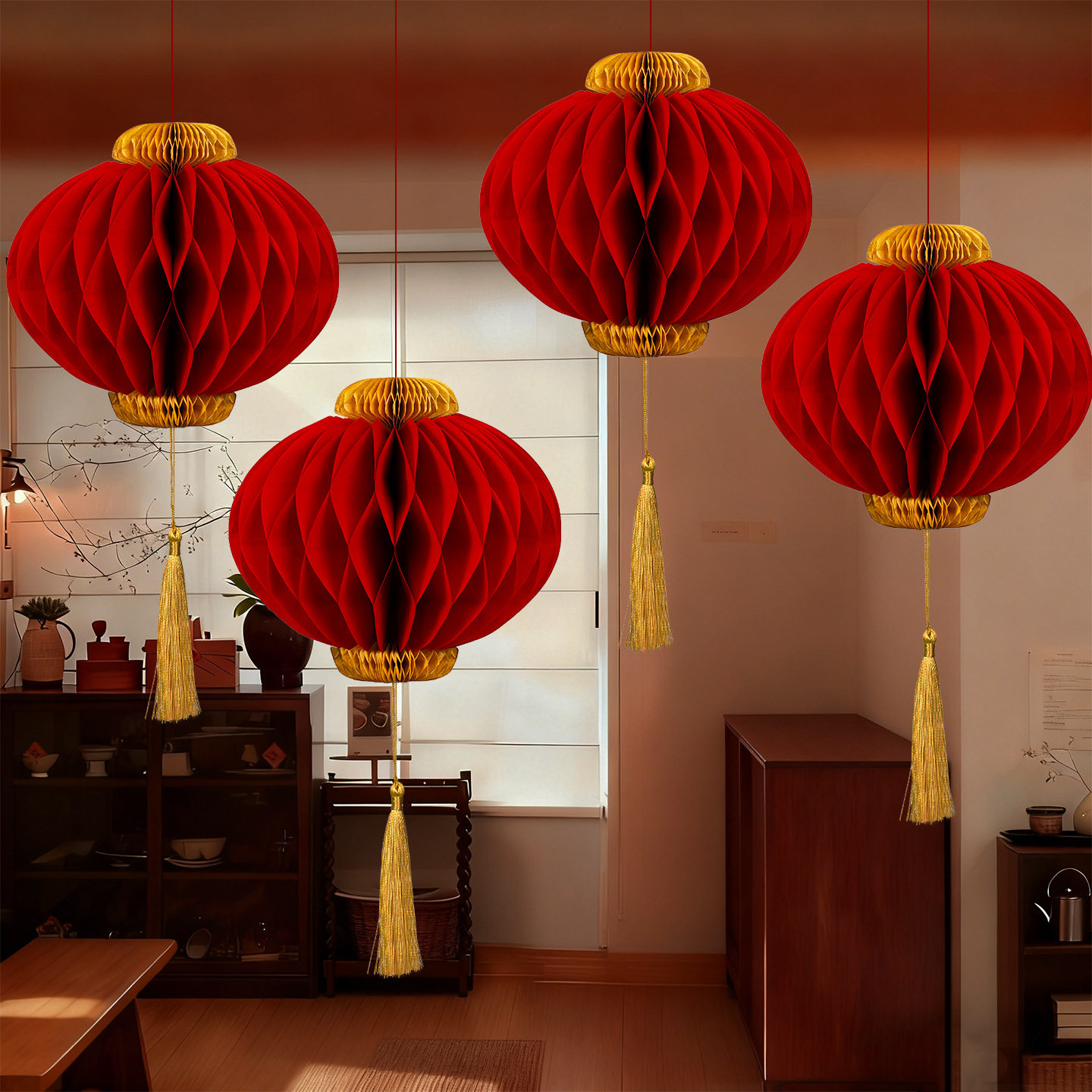 马年2026新年装饰客厅春节过年挂件红色蜂窝灯笼入户大门挂饰门挂