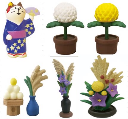 日式猫 紫色浴衣扇子猫菊花盆栽芒花草中秋系列