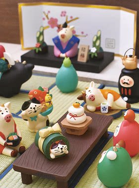 decole新年正月牛年福猫桌面装饰
