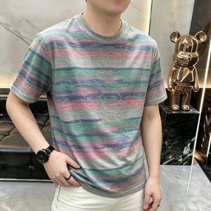 夏季新款圆领彩虹条纹短袖t恤男士青年网红时尚百搭休闲上衣体恤