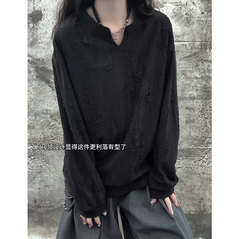 黑色破洞v领长袖t恤男秋季小众设计感内搭打底衫美式复古情侣上衣