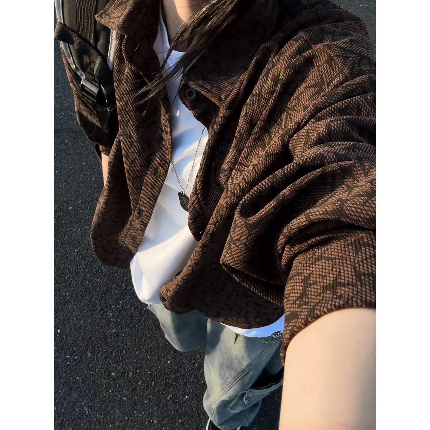 美拉德荆棘满印衬衫外套男款春秋复古慵懒风翻领长袖外搭衬衣开衫