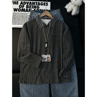 灰色假两件polo领加绒卫衣男款秋冬韩系慵懒高级感内搭上衣打底衫