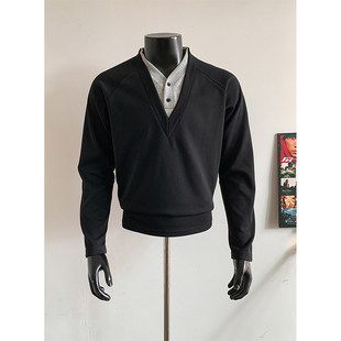 假两件双v领卫衣男春秋季内搭打底衫cleanfit美式正肩短款长袖t恤