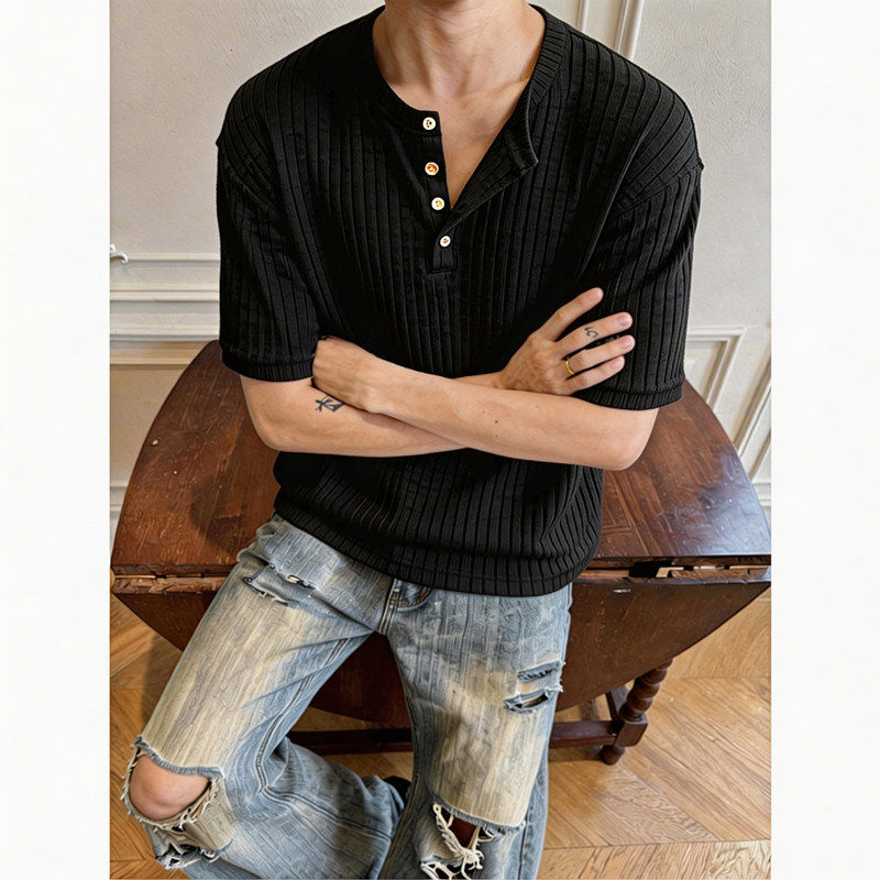 老钱风亨利领针织短袖男款夏季人夫感痞帅修身正肩t恤高级感半袖