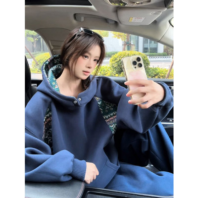藏青色高领连帽卫衣男女款秋季民族风拼接情侣外套新中式休闲上衣