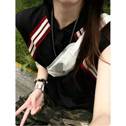 美式撞色条纹亨利领背心男女夏季薄款正肩无袖t恤情侣通勤半截袖