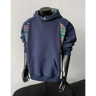 民族风拼接刺绣连帽卫衣男款秋季小众设计感重磅硬挺情侣上衣外套
