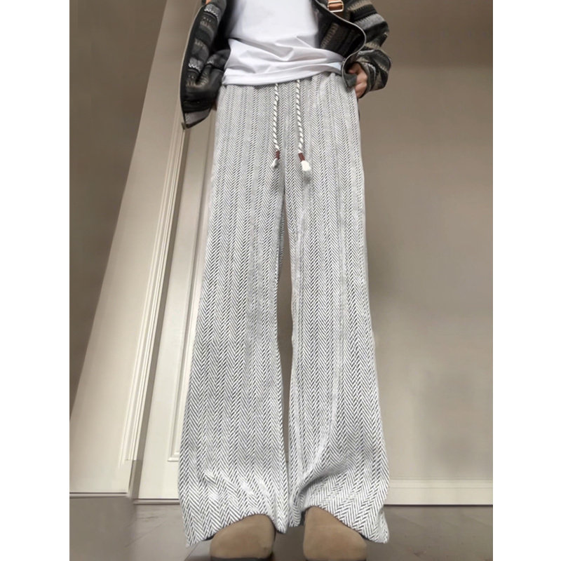 人字纹白色微喇卫裤男女秋冬季美式小香风裤子直筒宽松垂感休闲裤